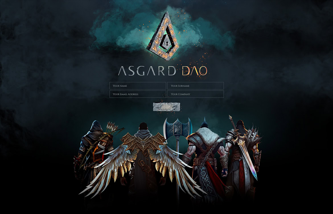 A group of fantasy characters in armor and wings standing beneath a glowing logo against a dark sky.