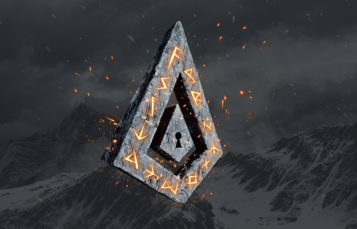 A large, glowing, rune-inscribed stone pyramid floating above a dark, mountainous landscape with sparks flying.