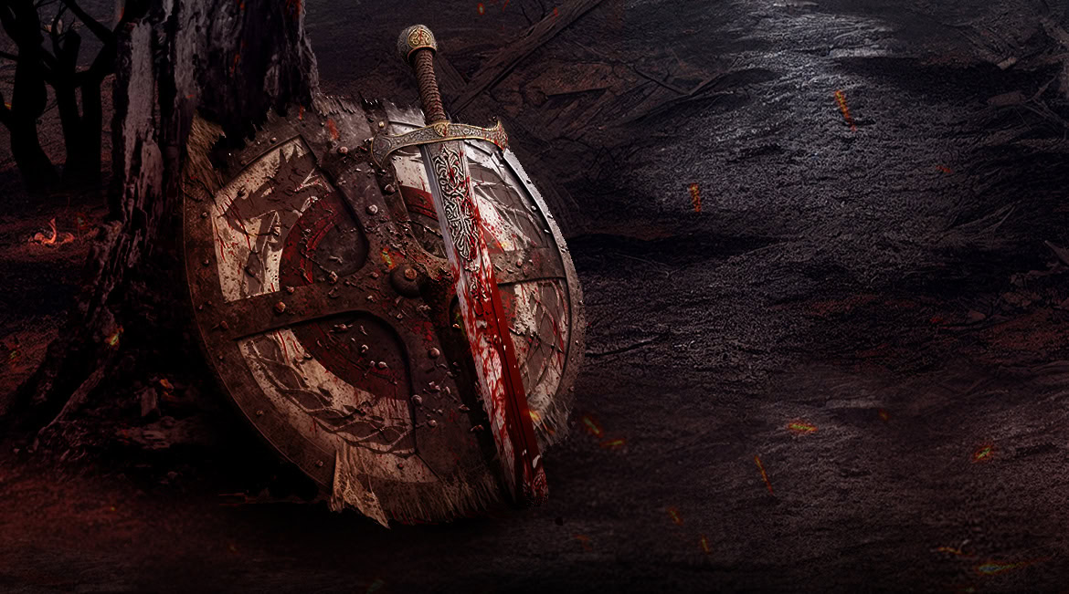 A medieval shield and sword resting against a dark, textured background.