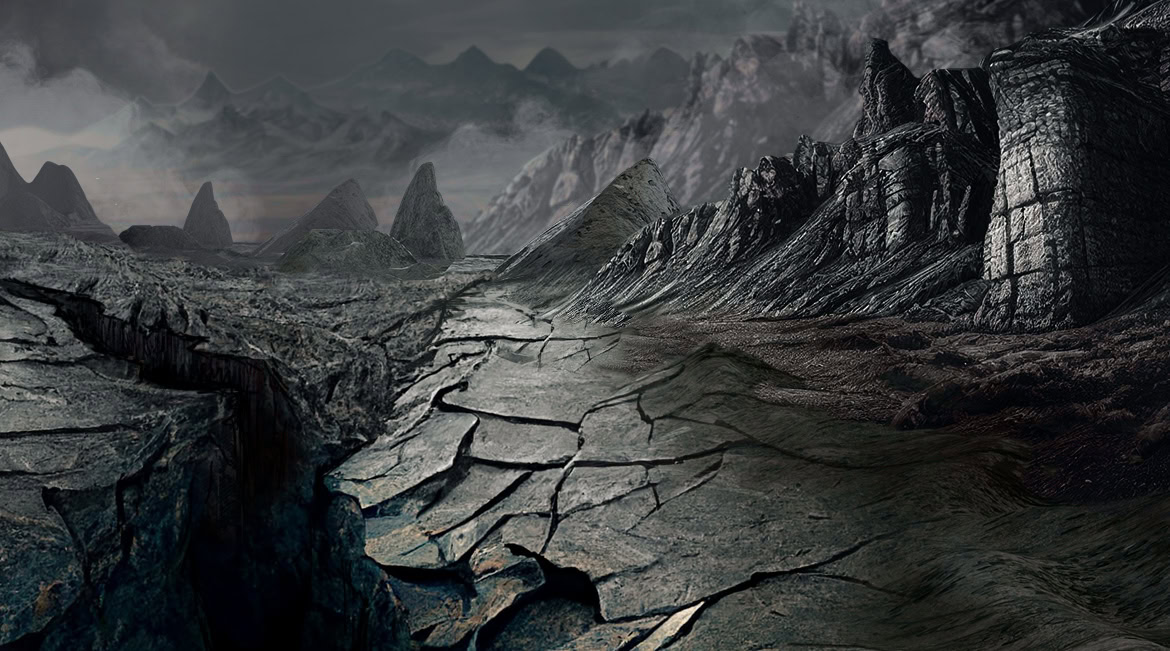 A desolate, cracked landscape with rugged mountains and dark, cloudy sky in the background.