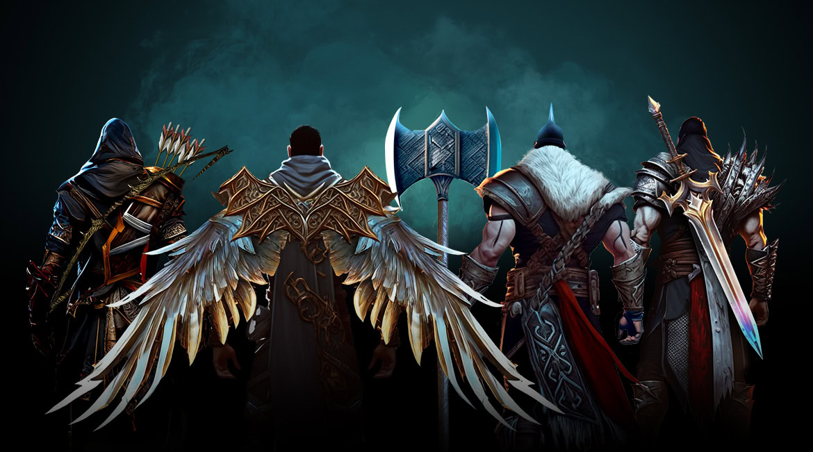 A group of four fantasy characters with weapons and armour, facing away against a dark background.
