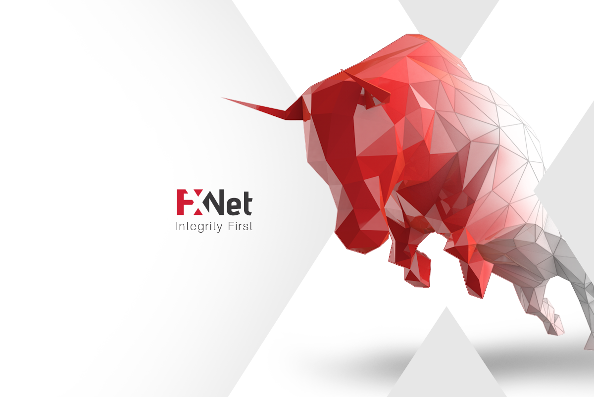 A low-poly red bull sculpture with the F-Net logo and the tagline 