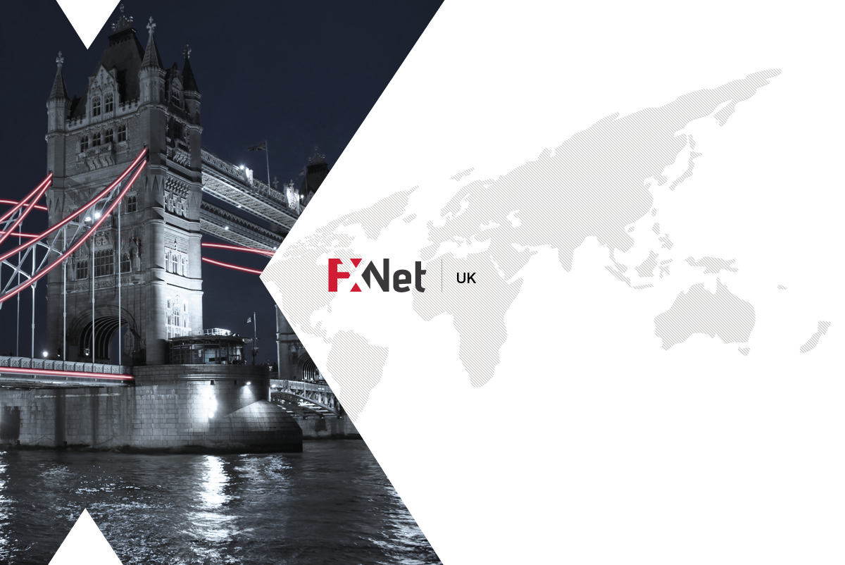 A modern graphic featuring the Tower Bridge in London at night, with a world map highlighting the UK and the FXNet logo.