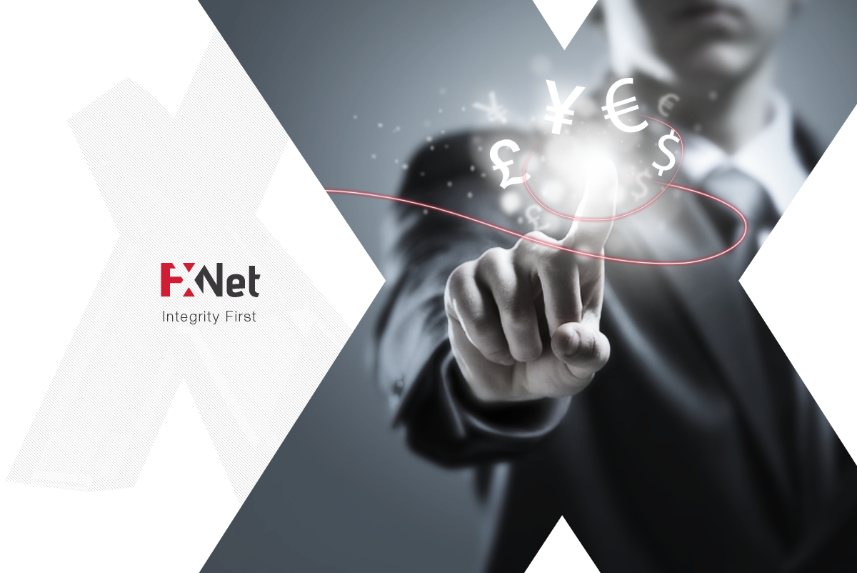 A person in a suit interacts with floating currency symbols including yen, euro, pound, and dollar.