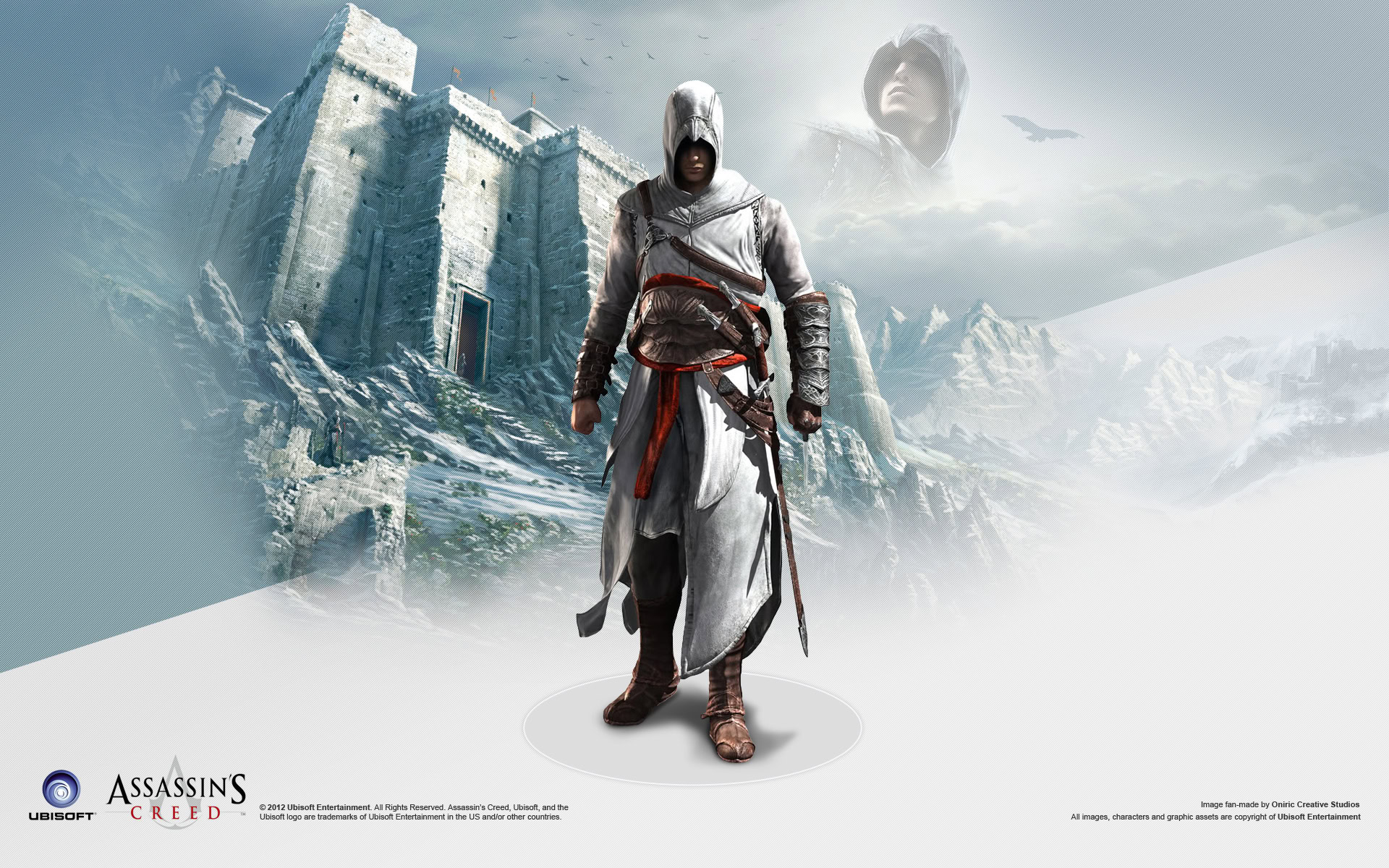 A hooded assassin in white robes standing in front of a castle with a ghostly figure in the sky.