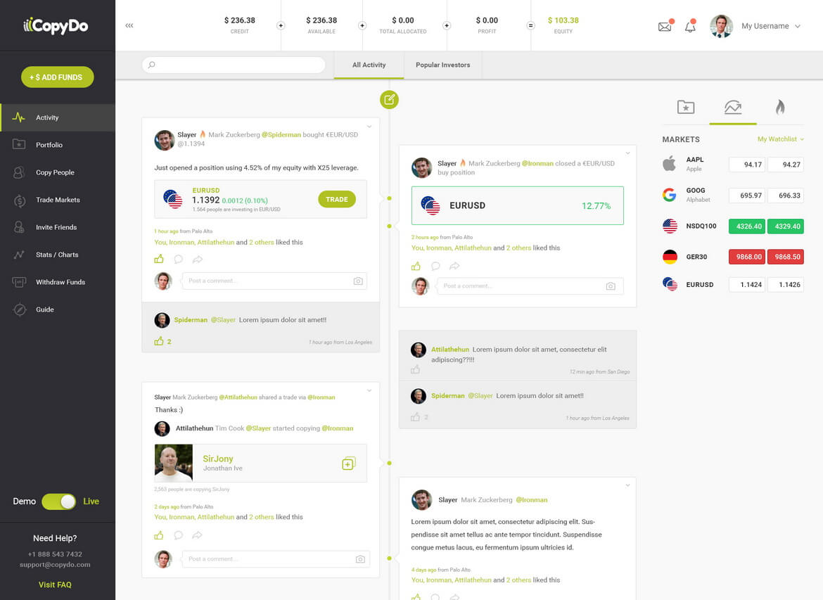 A screenshot of a financial trading platform showing account balances, market data, and user activity.