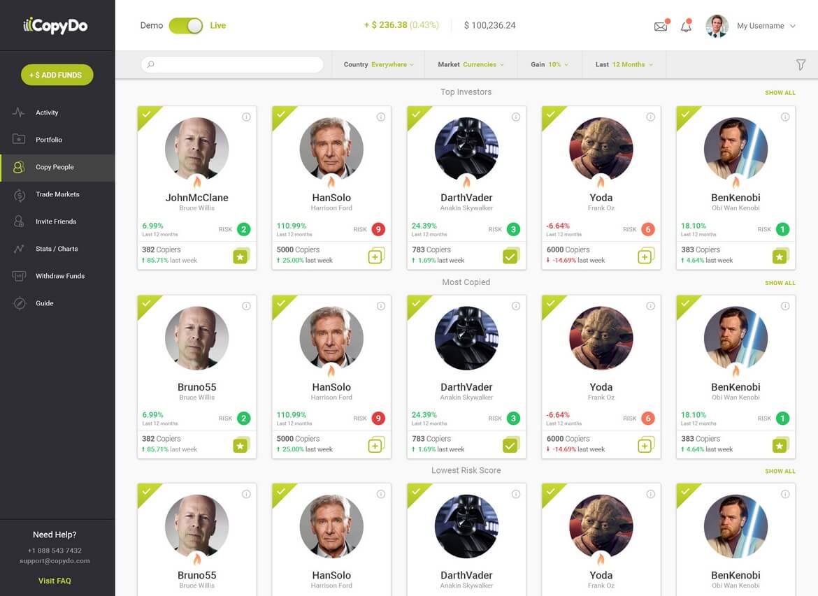 A group of six male characters with various appearances, some with masks, displayed on a digital platform interface.