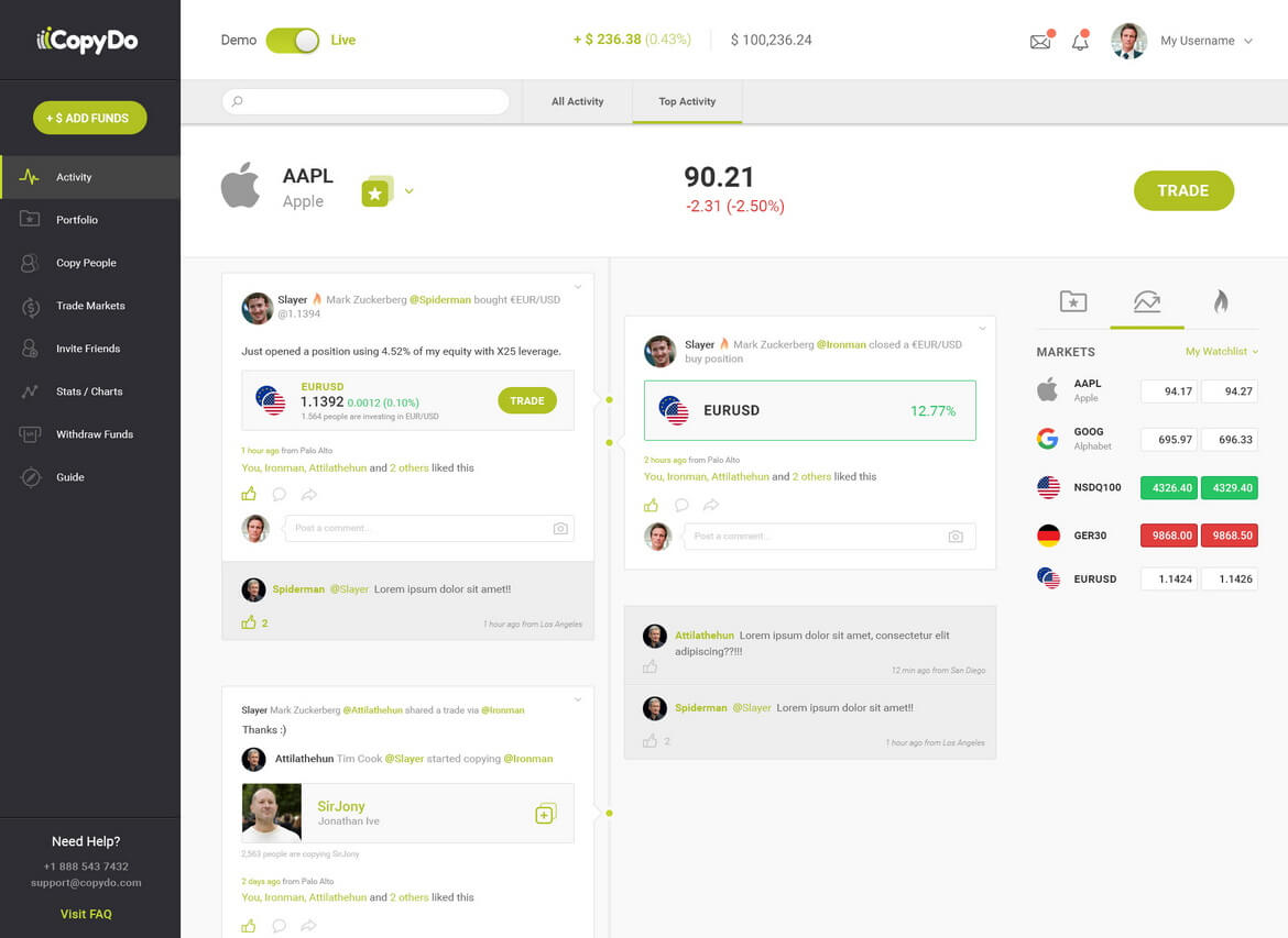 A screenshot of a trading platform showing stock and currency market data, user activity, and trading options.