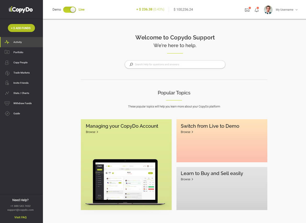 A laptop screen displaying the CopyDo platform with support options and popular topics on a support webpage.