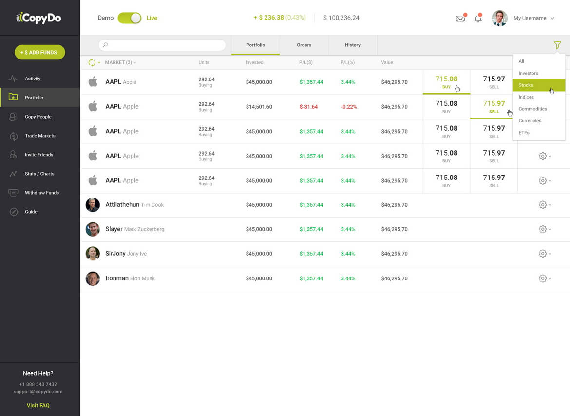 Apple products and stock prices displayed on a financial dashboard with a dark sidebar menu.