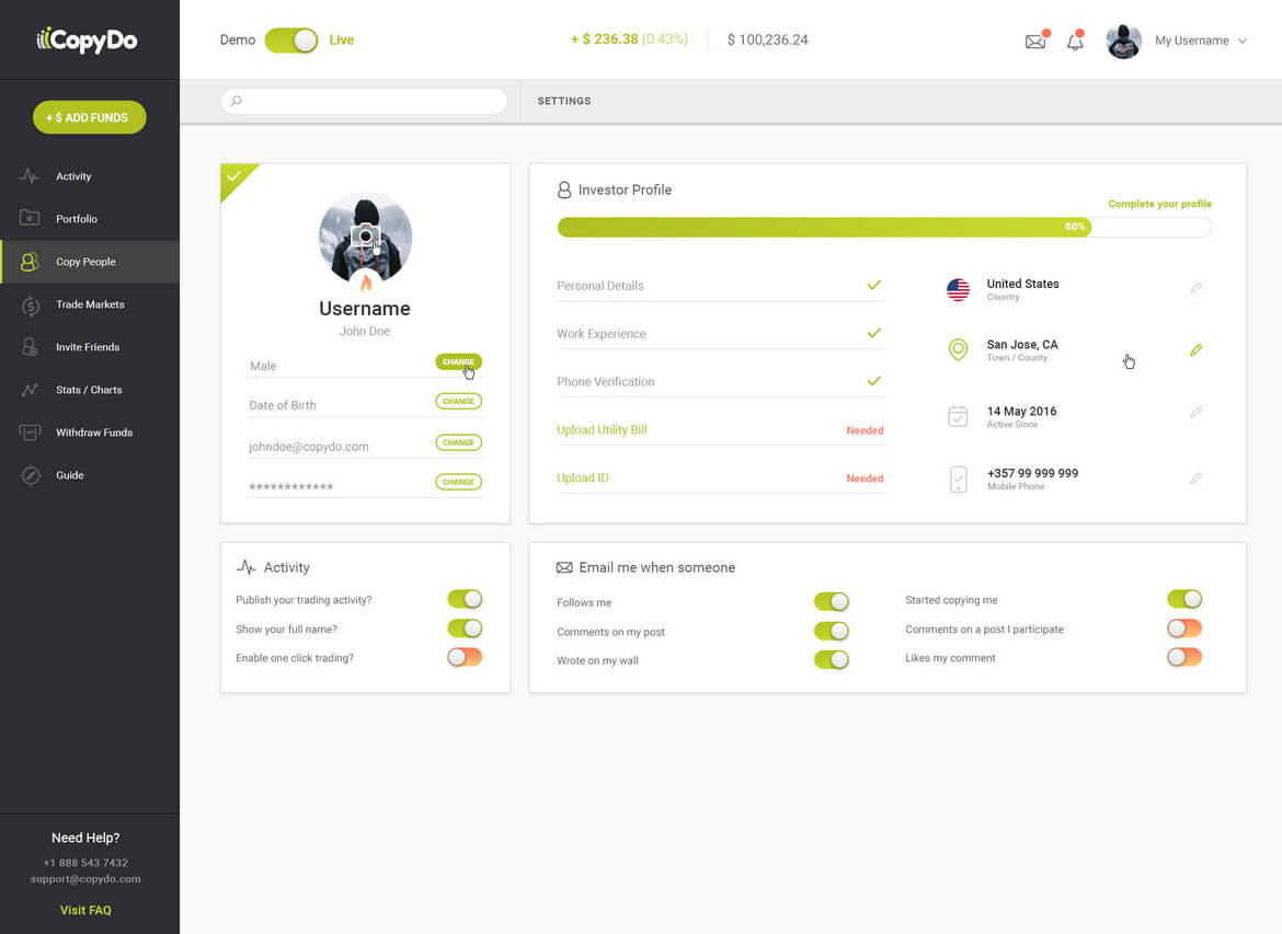 A group of user profile sections showing username, personal details, work experience, and activity settings on a digital platform.