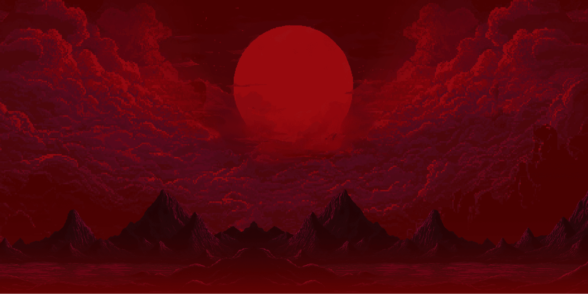 A fiery red sunset over a mountain range with dramatic cloud formations.