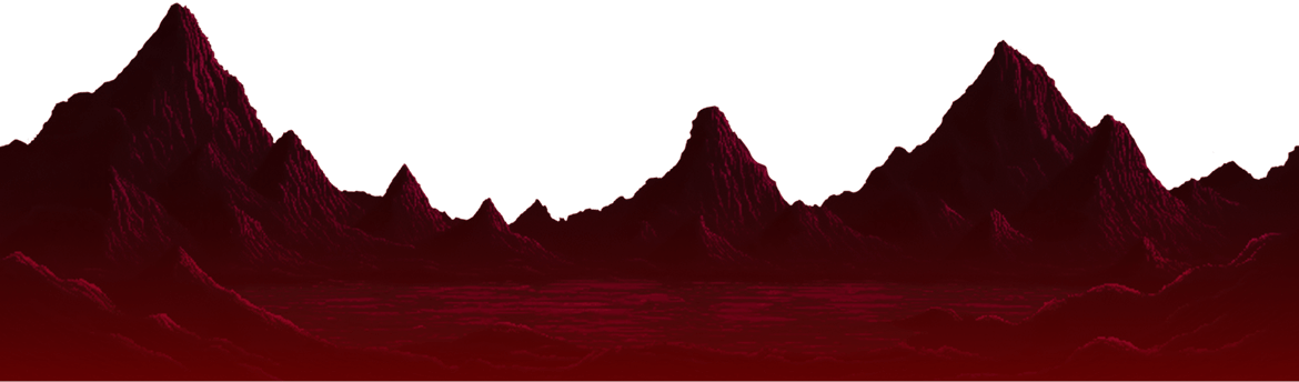 A landscape of jagged, dark red mountains under a black sky with a red glow at the horizon.