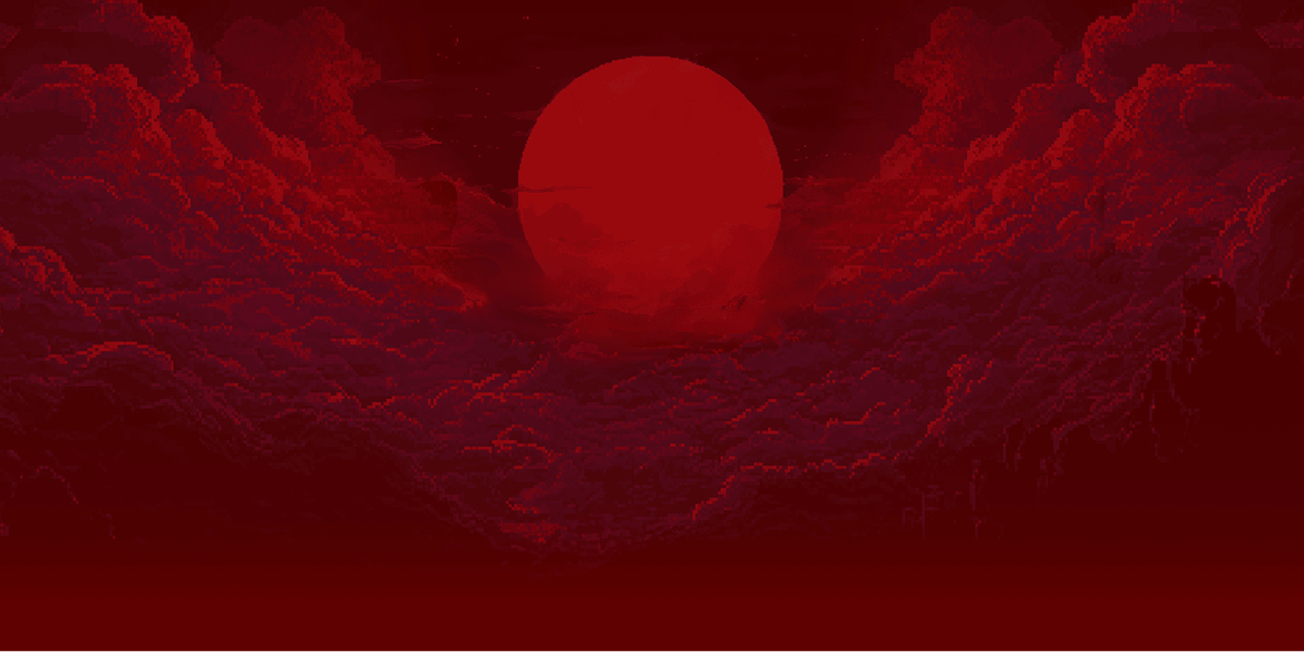 A large red sun setting behind a cloud-filled sky with a red hue.