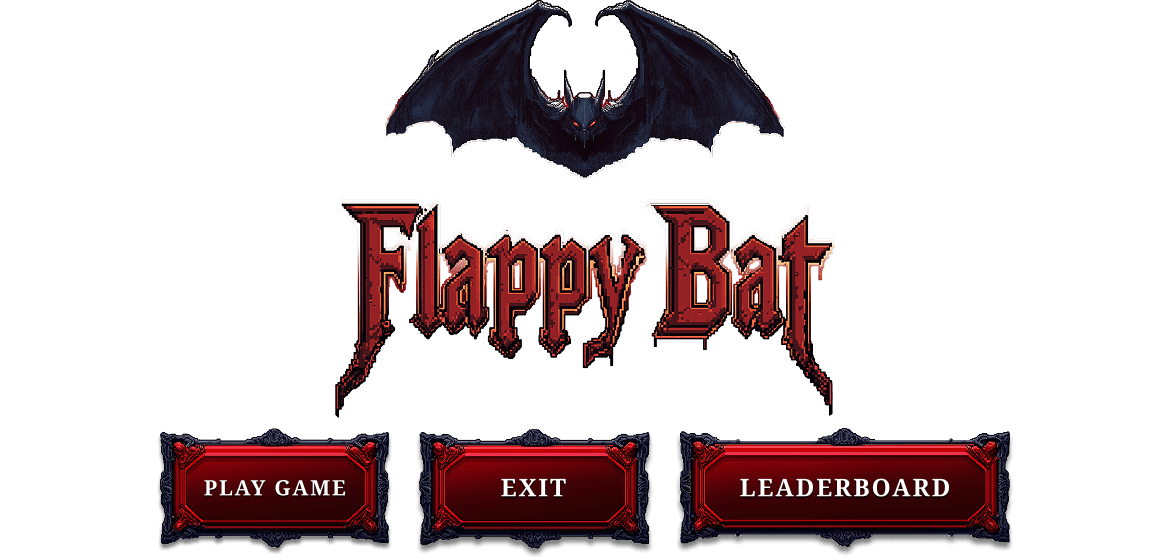 A game menu screen featuring a bat logo, with options for Play Game, Exit, and Leaderboard.