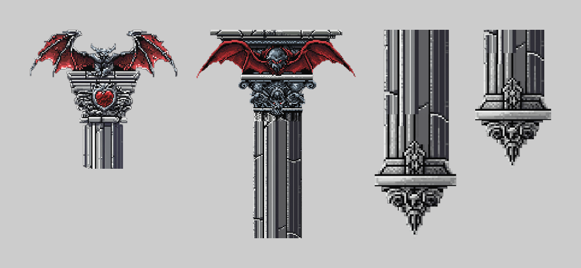 A medieval-style stone column with a winged skull and bat design, and ornate decorative elements.