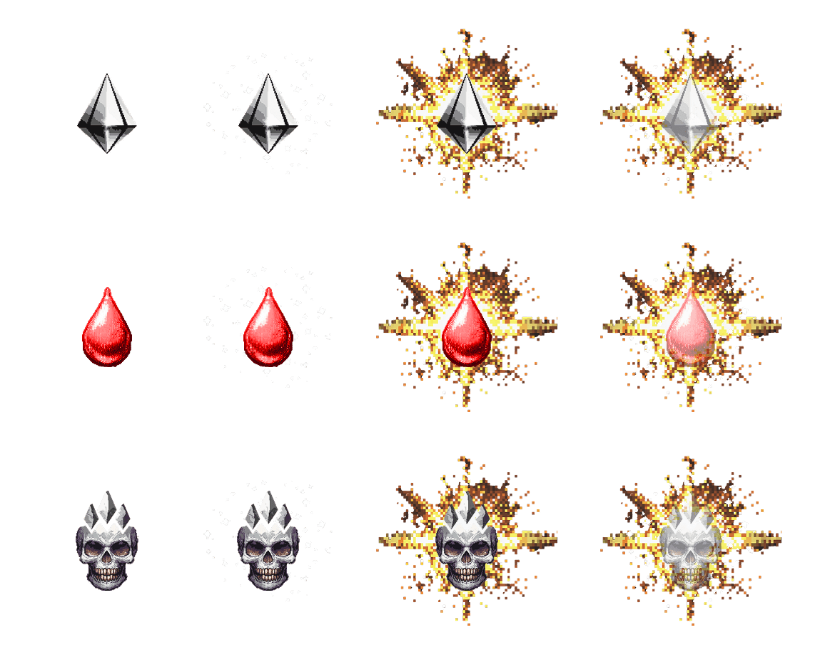 Collection of animated icons including diamonds, drops, and skulls with sparkling effects.