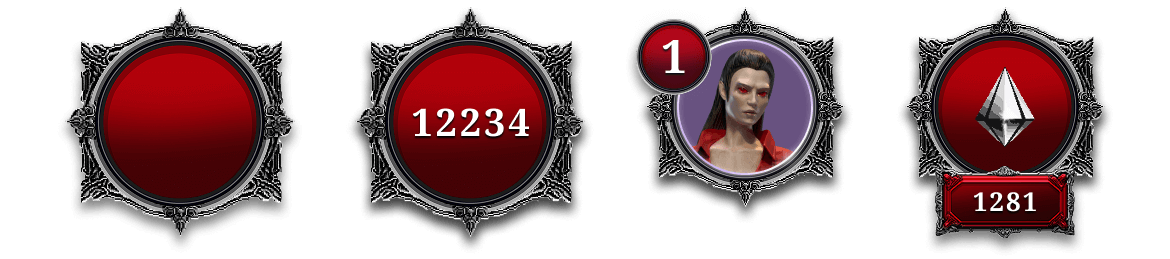 A group of four gaming tokens with different symbols and numbers, including a portrait icon.