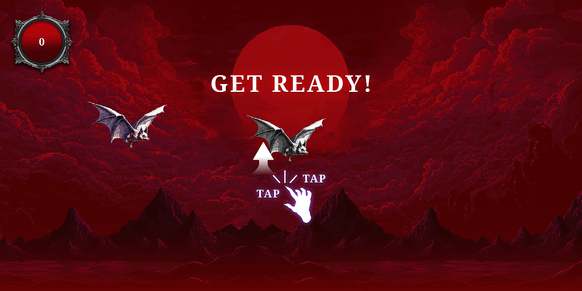 A group of bats flying in front of a large red moon with a dark, mountainous landscape below.