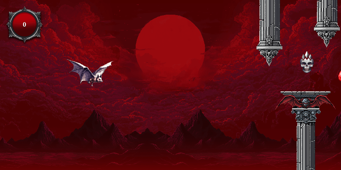 A large red sun in a dark, cloudy sky with flying bats and gothic architectural elements.