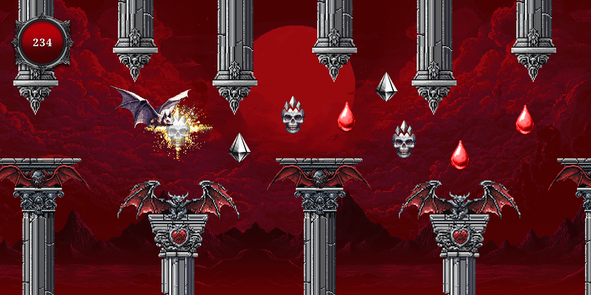 A dark, gothic scene with flying bats, skulls, red drops, and floating crystals against a red cloudy sky.