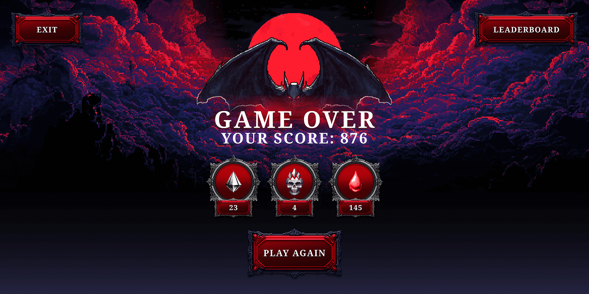 A menacing red and black dragon with wings spread, a dark cloudy sky background, and game over message with score and options to replay or exit.