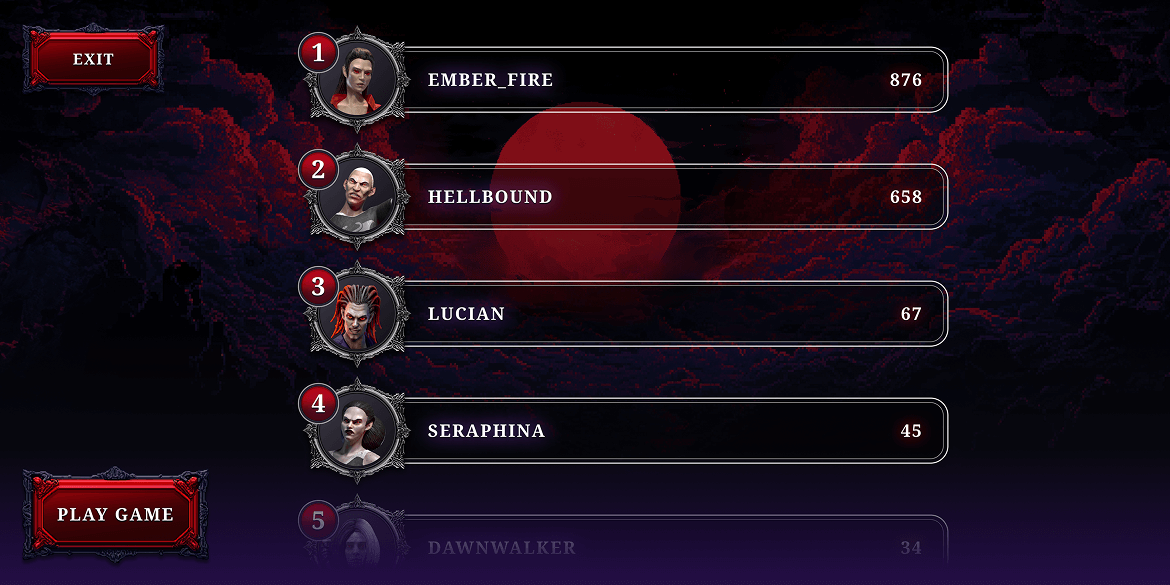 A group list of four characters with their names and scores, set against a dark, fiery background.