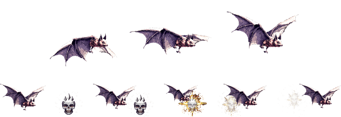 A group of cartoon bats with different facial expressions and wing positions, some with sparkles or glowing effects.
