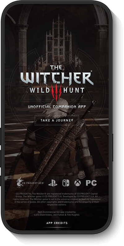 A dark scene from The Witcher: Wild Hunt game showing a character with swords in a gothic setting.