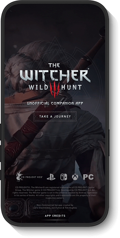 Wild Hunt unofficial companion app logo on a dark background with a character holding a sword.