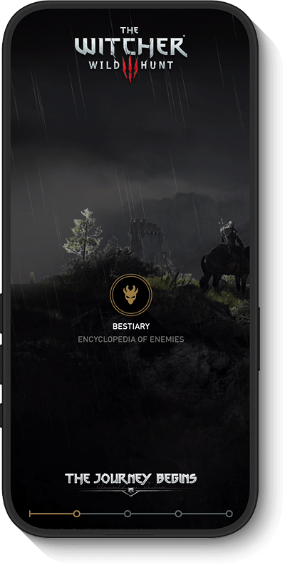 Wild Hunt game screen showing a dark landscape with a castle, trees, and a mounted character in rain.