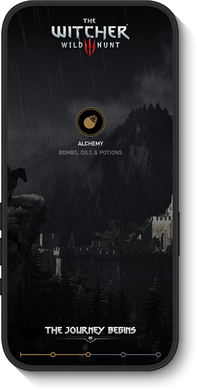 Wild Hunt mobile game screen showing alchemy options for bombs, oils, and potions with a dark, stormy background.