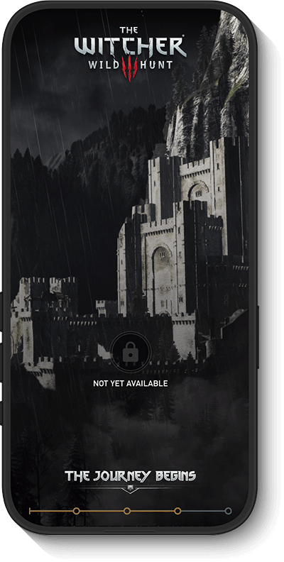 Wild Hunt game menu showing a dark castle with waterfalls and a rainy sky background.