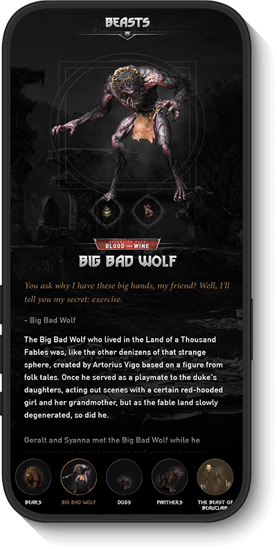 A terrifying creature with a humanoid body, wolf-like face, and monstrous features, displayed on a mobile screen.