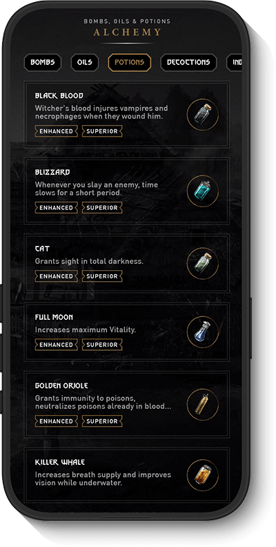 Mobile app screen showing categories of alchemy items like bombs, oils, potions, and decorations with descriptions and icons.