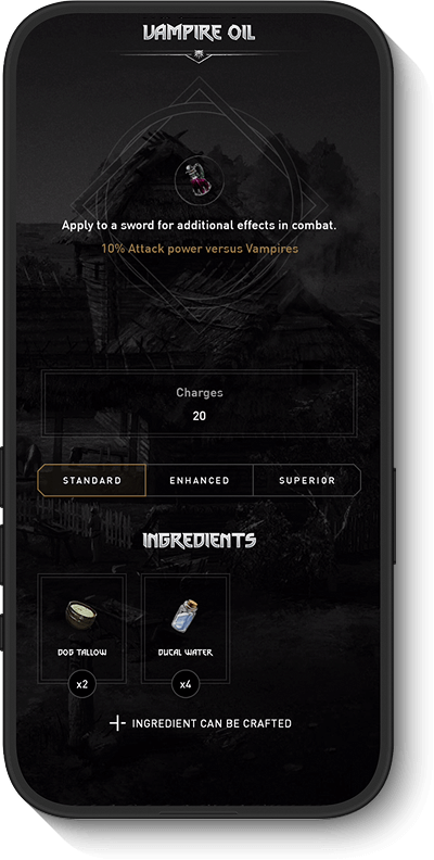 Vampire Oil app screen showing weapon enhancement options, charges, ingredients, and crafting details on a dark background.