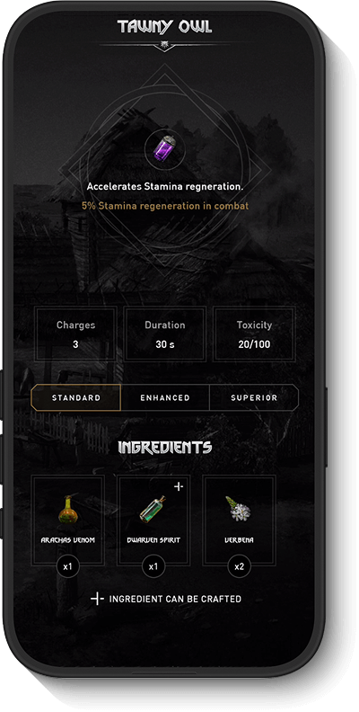 Accelerometer screen showing stamina regeneration, charges, duration, toxicity, and ingredients including onion, spirit, and herbs.