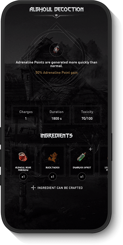 Adhoul detection app screen showing adrenaline points, charges, duration, toxicity, and ingredients including a bomb, buckthorn, and herbal spirit.