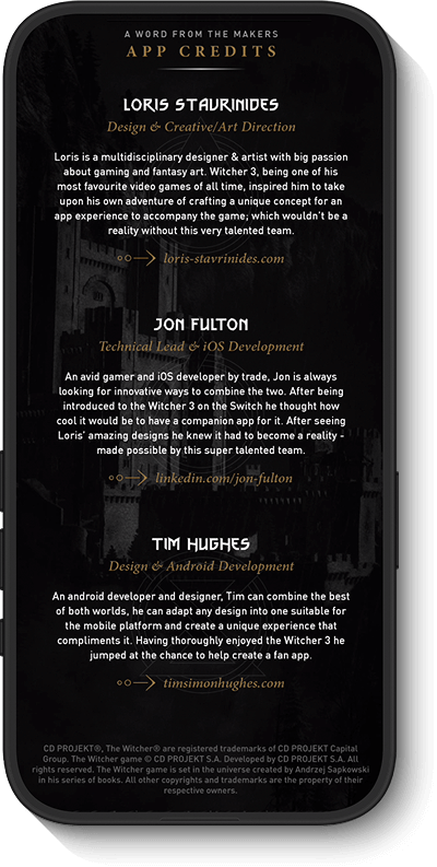 Lori's and Jon's profiles with their roles in app credits and development, displayed on a dark background.