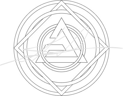 A geometric design featuring overlapping triangles, circles, and lines in a symmetrical pattern.