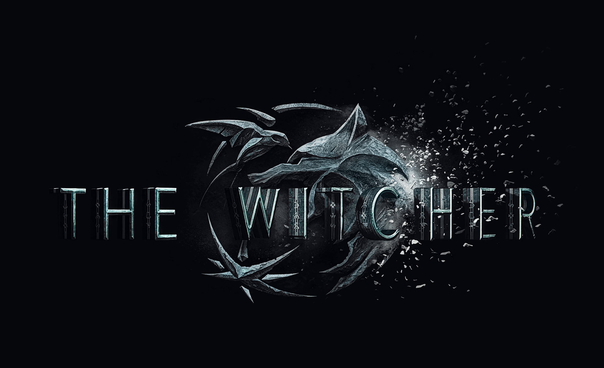 The Witcher logo with a wolf's head and splattered effects on a dark background.