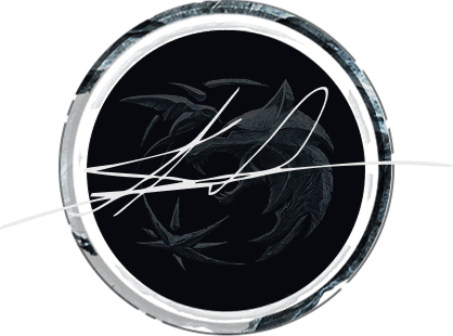 A circular emblem with a dark background, featuring a stylised bird, leaves, and abstract lines.