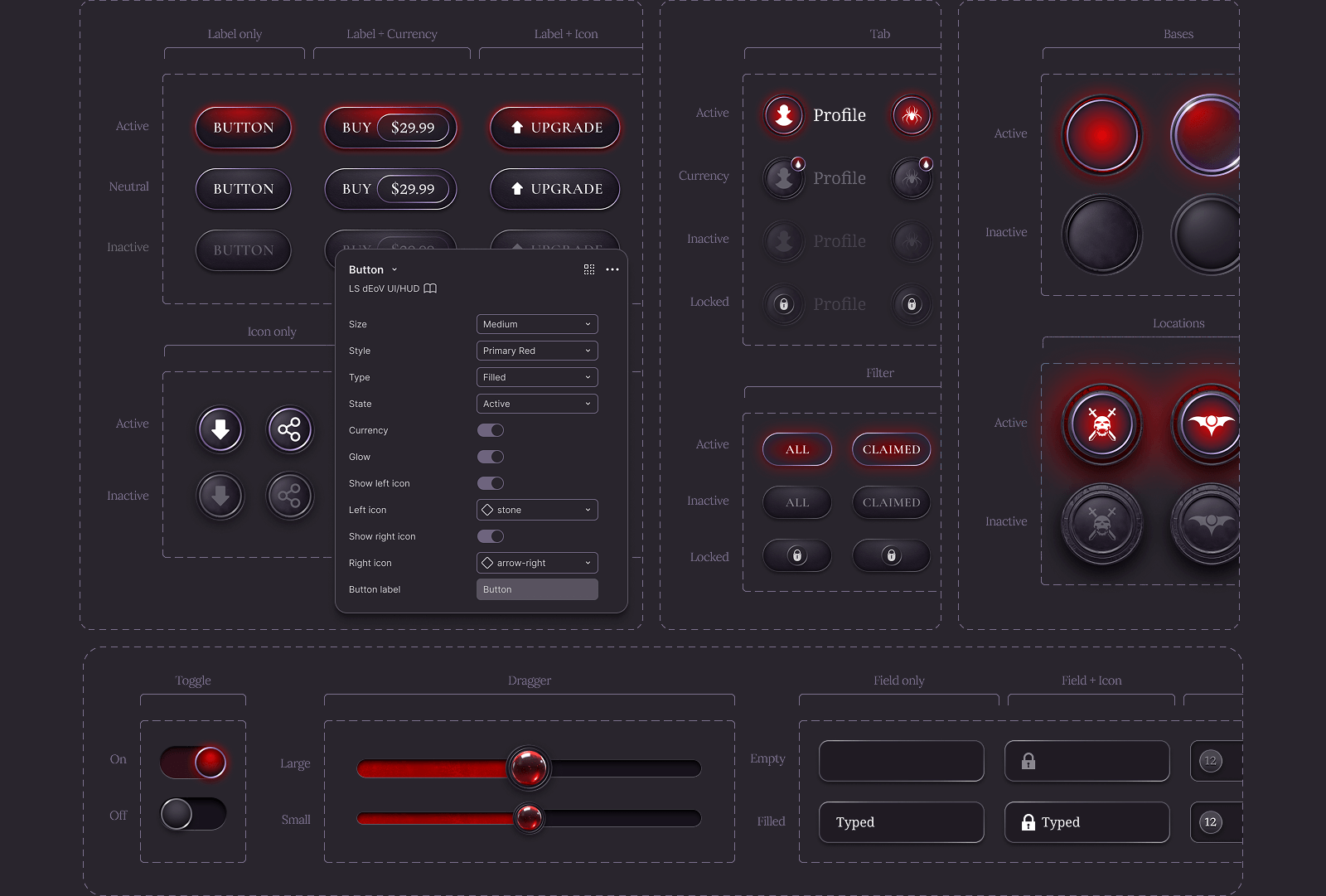 A control panel interface with buttons, sliders, and profile icons, featuring red and black design elements.