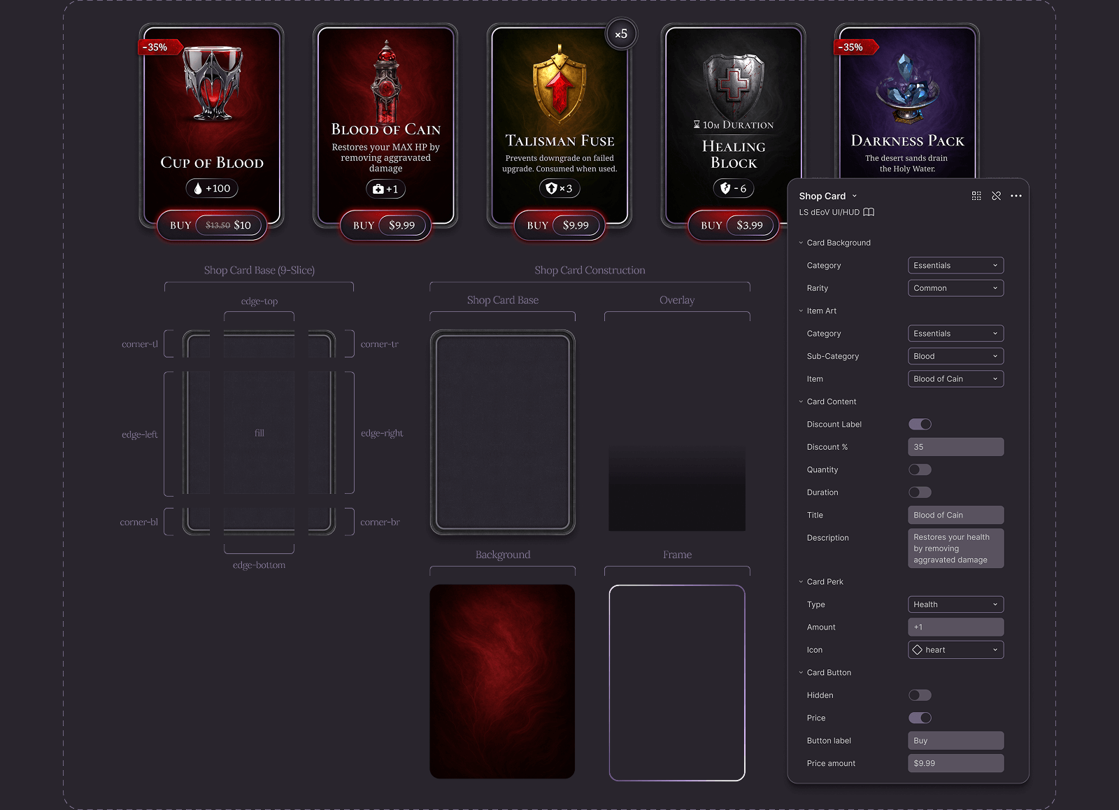 Blood-themed trading cards featuring various designs and prices, displayed on a dark background.