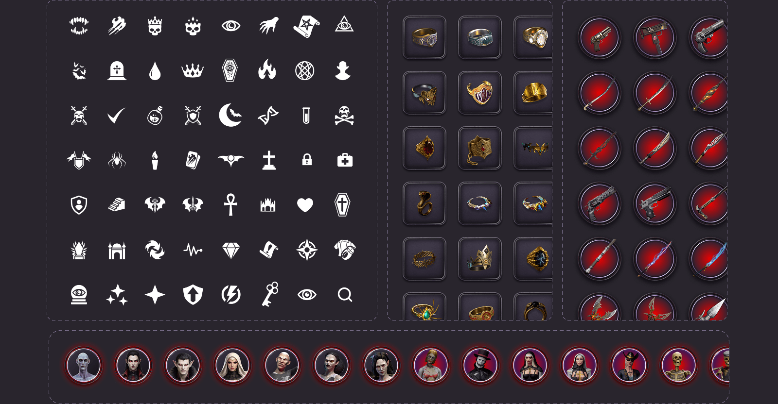 Collection of icons, game items, and character portraits displayed in a grid layout.
