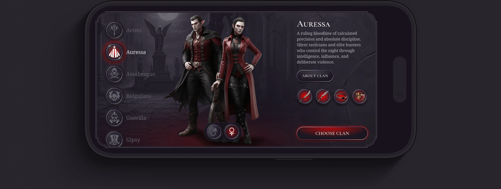 A screenshot of a video game character selection screen showing two characters in red and black outfits with a dark background.