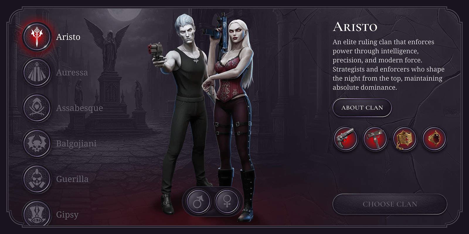 Aristo and Airessa, two characters in dark clothing, stand side by side with weapons, in a game interface.