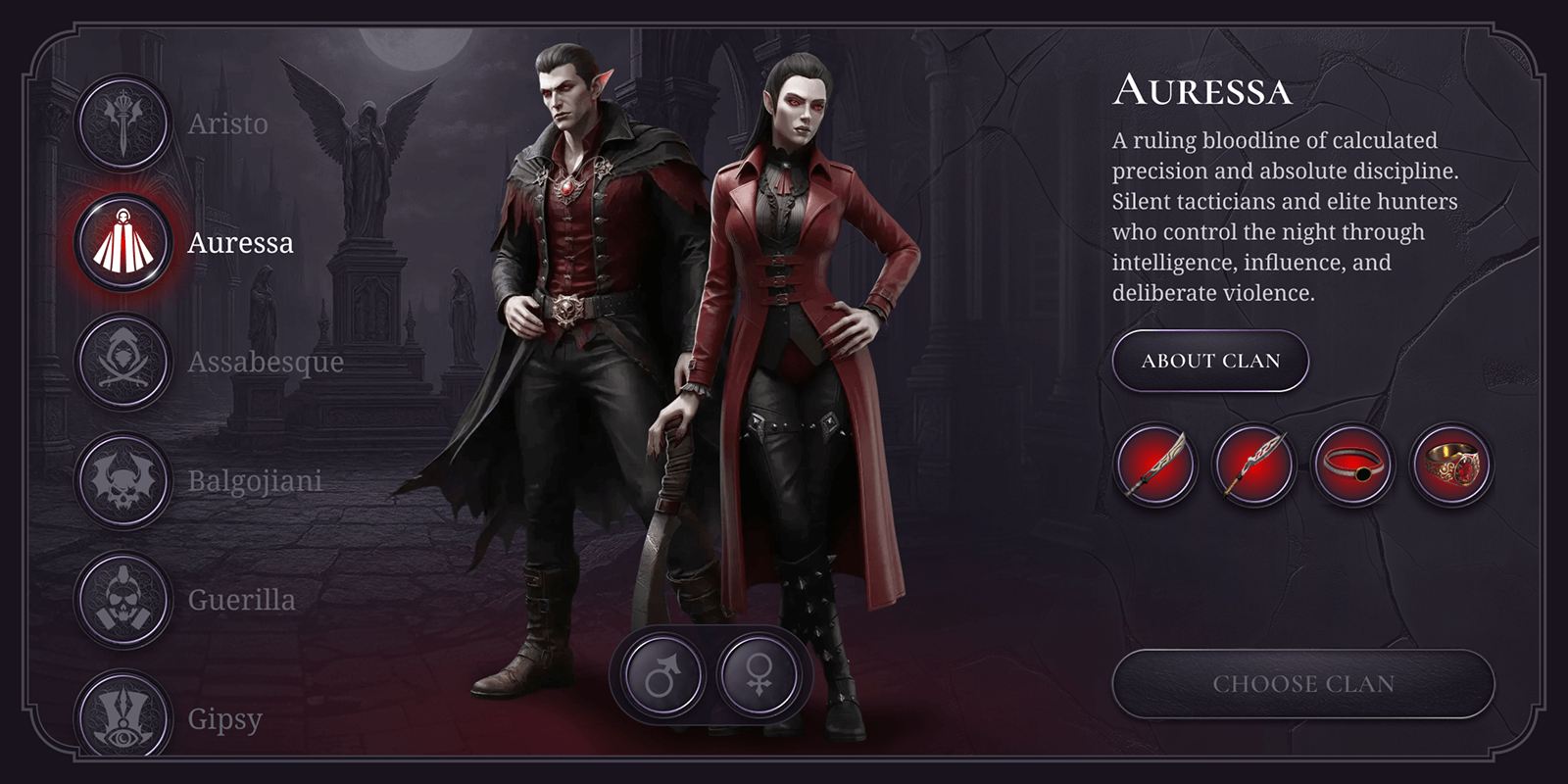 A male and female characters in dark clothing standing side by side, with a game interface and clan options visible in the background.