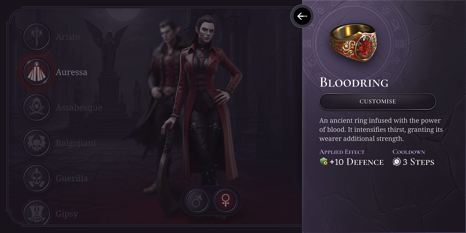An image showing a game menu with a character selection screen and a bloodring upgrade option.