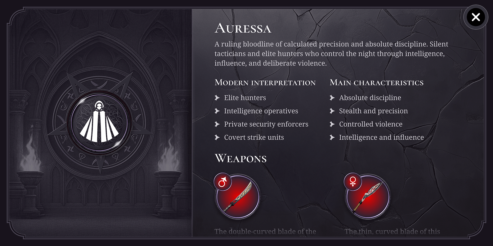 A ruler bloodline with elite hunters, intelligence operatives, and covert units, emphasising discipline and precision.